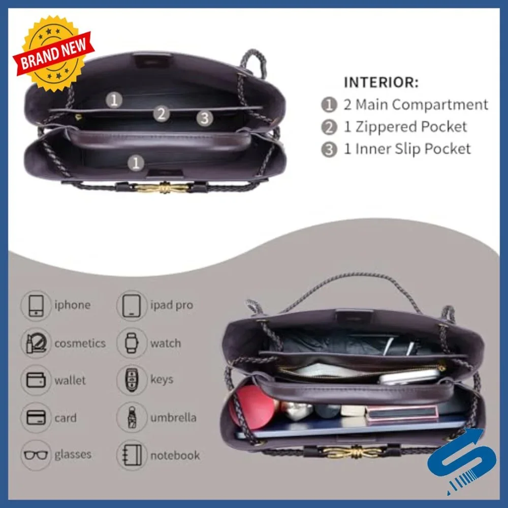 Large Vegan Leather Woven Shoulder Bag Crossbody Tote Work Travel - Picture 4 of 6